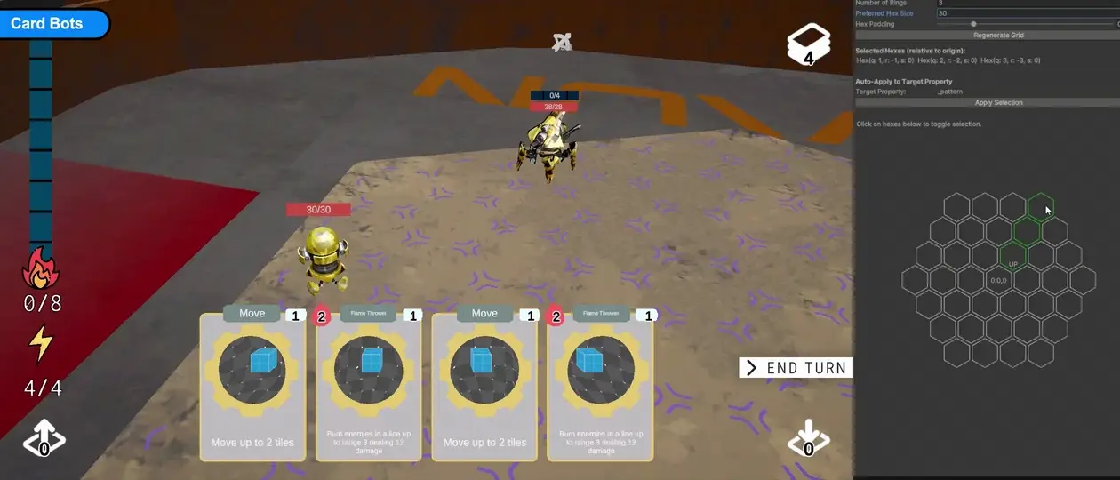 Card Bots running beside a custom Unity editor for generating a hex grid and authoring a selected attack pattern.