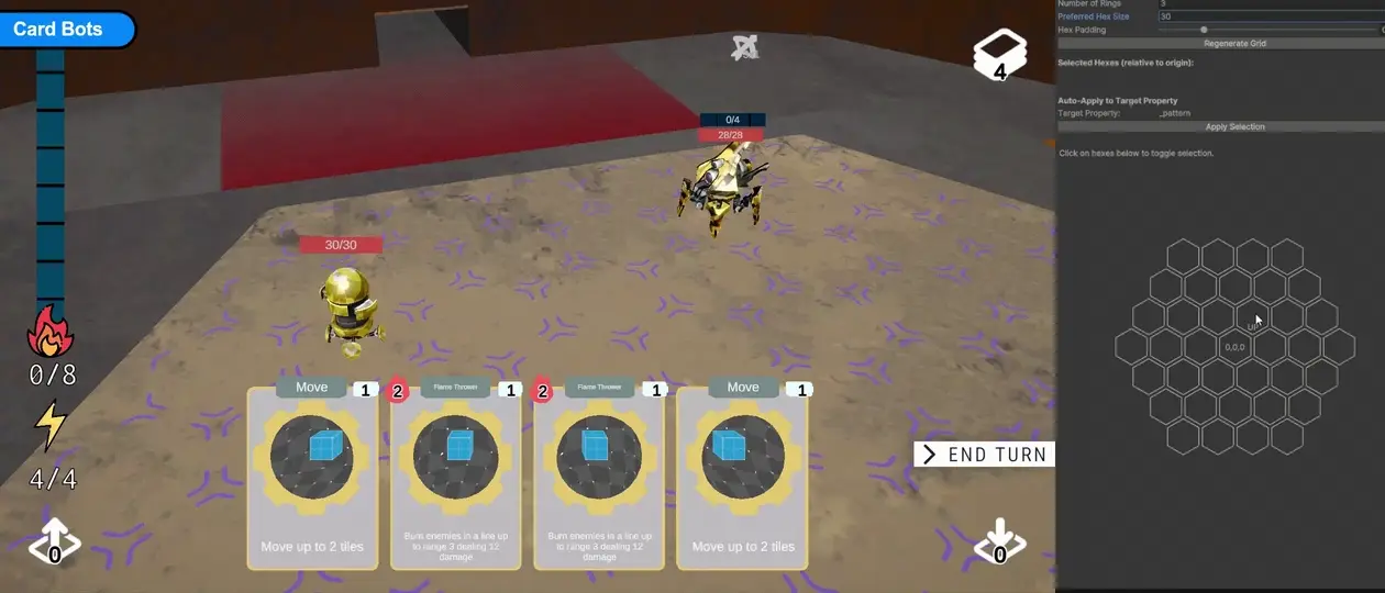 Card Bots running beside a custom Unity editor while a different hex selection is authored for an attack pattern.
