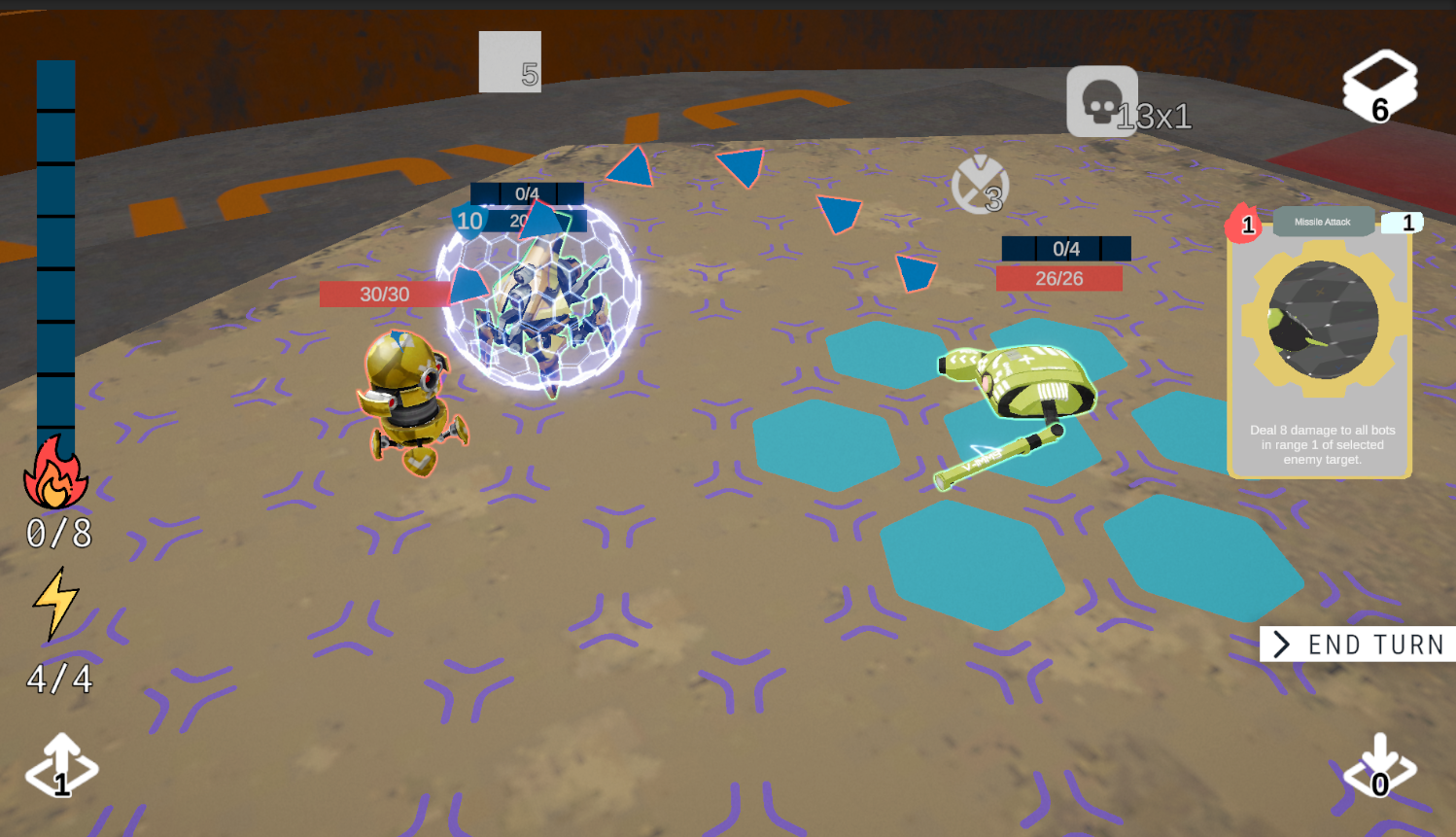 Card Bots prototype battle interface with movement tiles, health values, and an attack card.