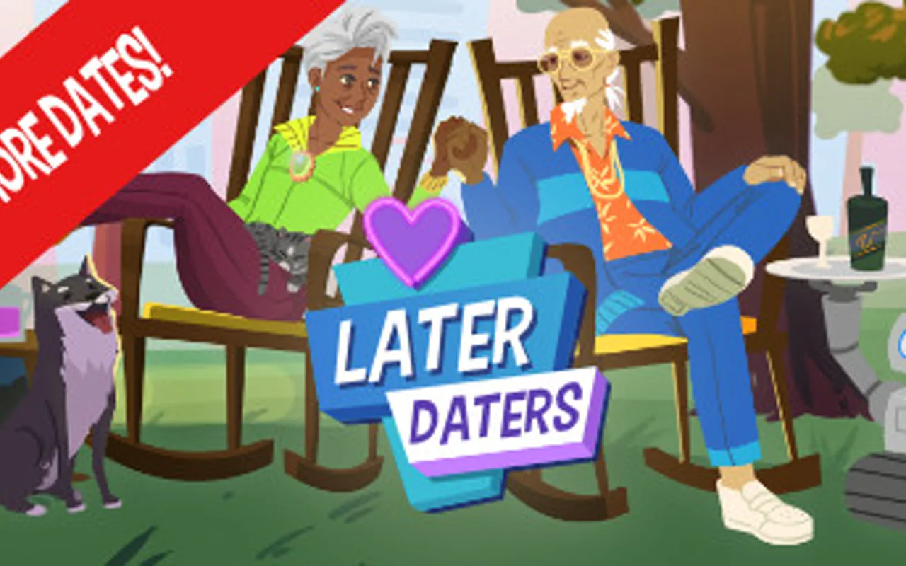 Later Daters illustrated cast gathered at the Ye OLDE retirement community.