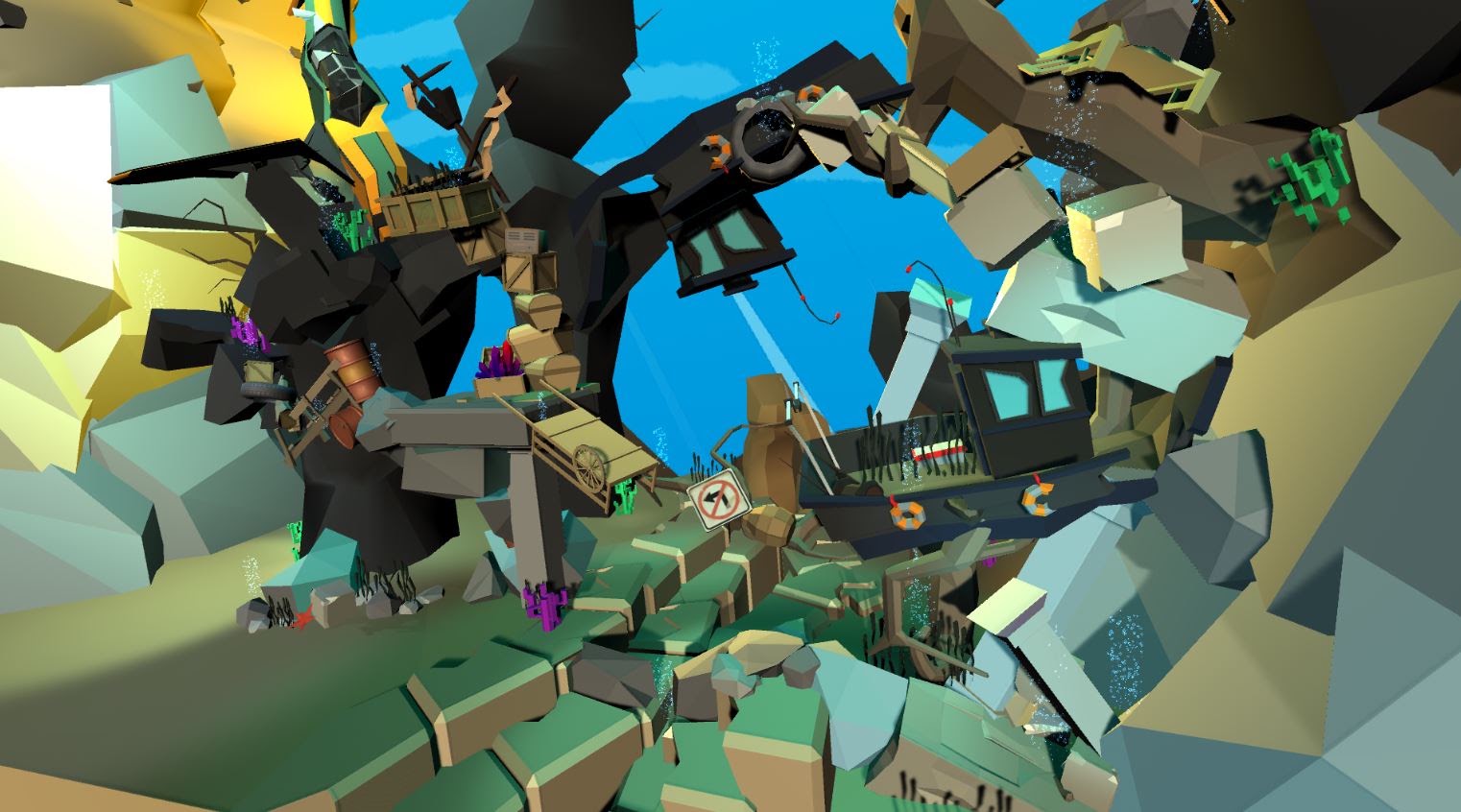 A wide view of Rockson's stylized underwater environment filled with suspended debris, coral, and bubbles.