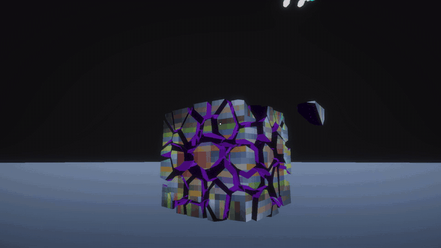 The camera orbits an almost-complete cube while its final loose fragment remains visible.