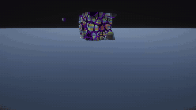 The player approaches a cube with one fragment separated from the larger cluster.