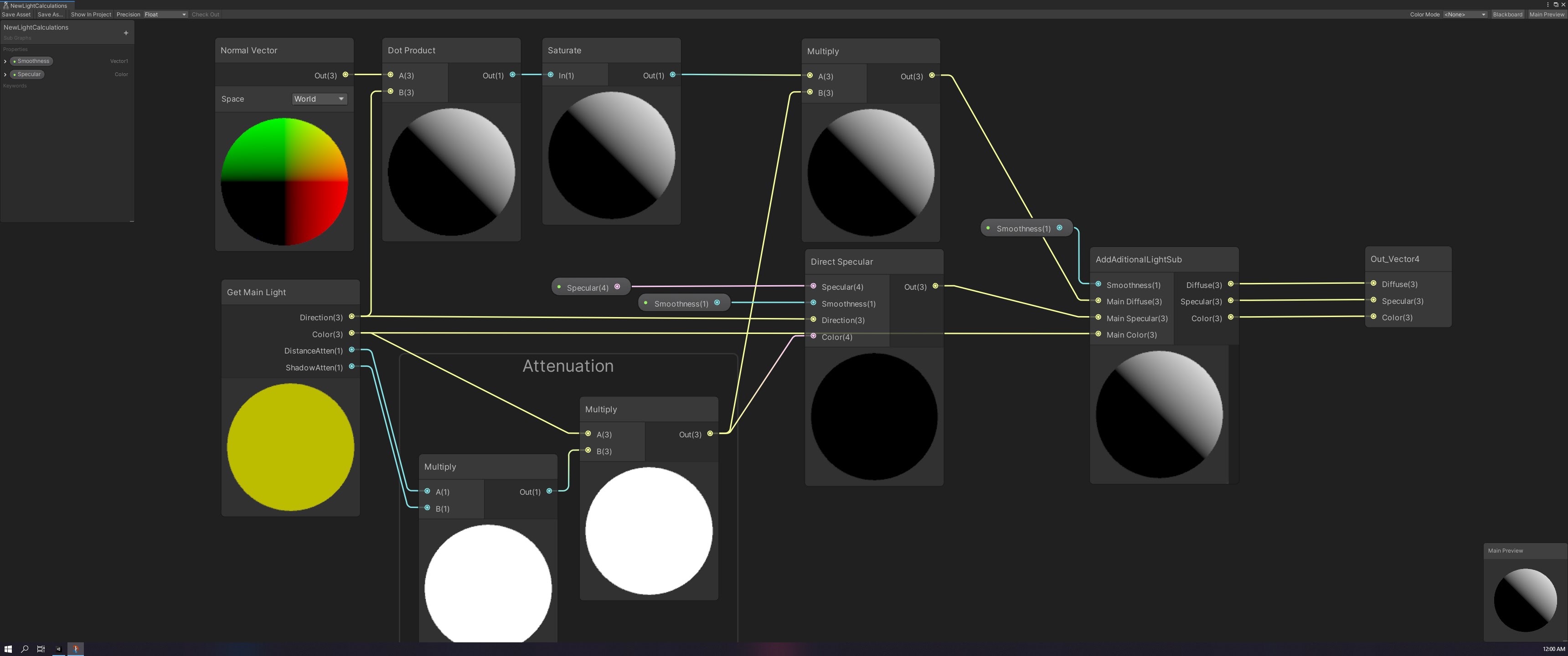 Unity Shader Graph showing custom diffuse and specular lighting calculations.