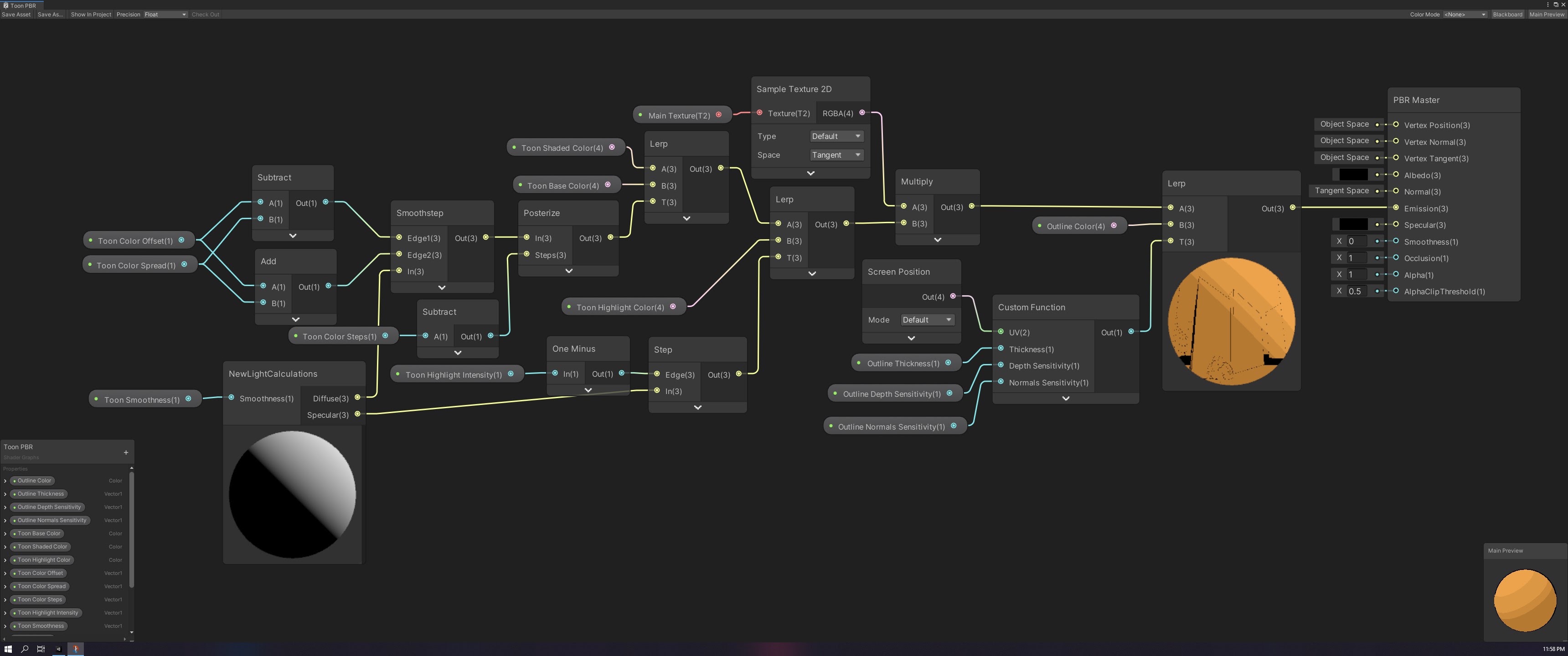 Unity Shader Graph showing the full toon-lighting and outline pipeline for Uber Planetary.